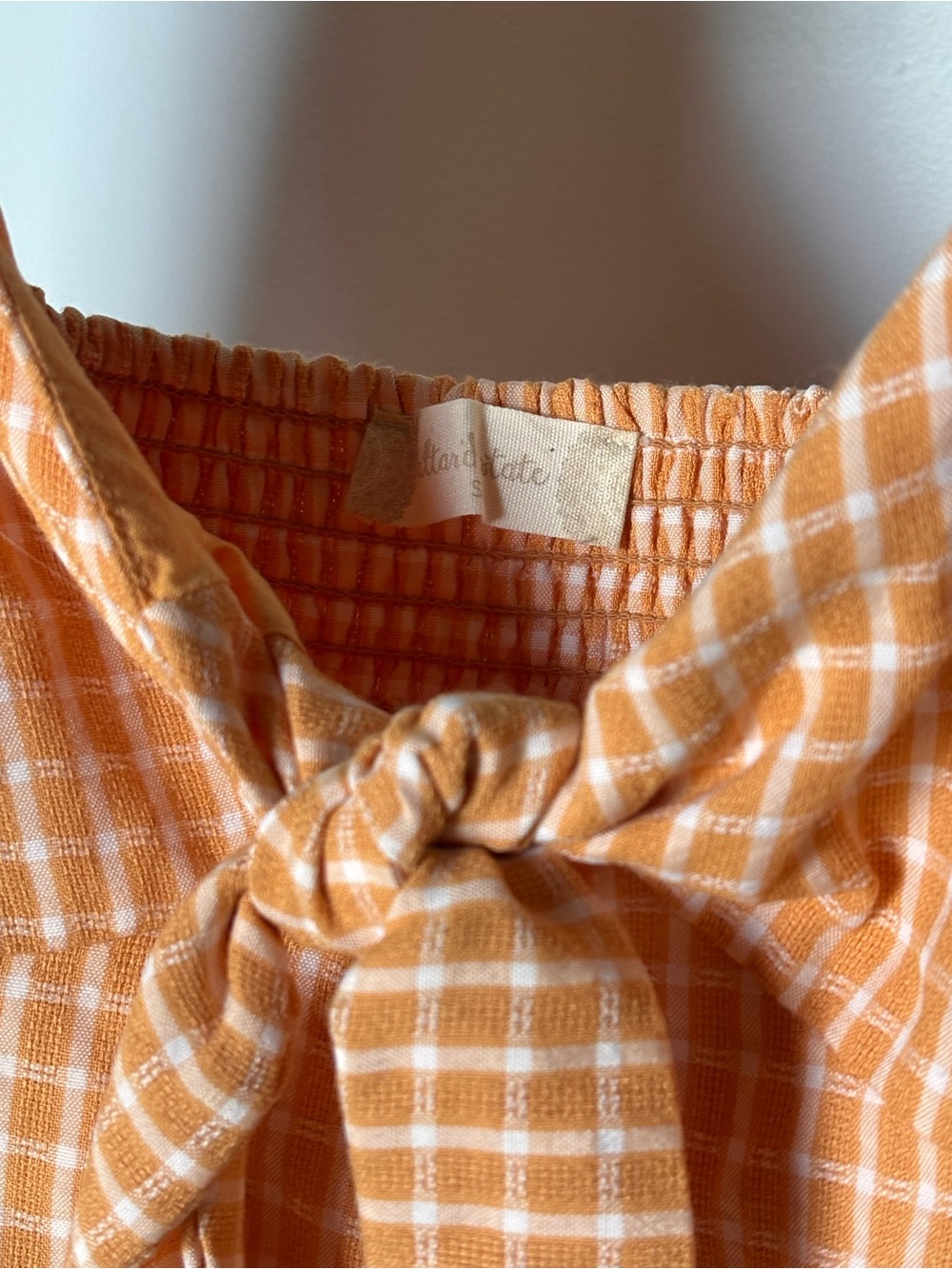 Altar'd State Apricot Gingham Puff-Sleeve Tie-Front Mini Dress Size Small - Picture 4 of 10